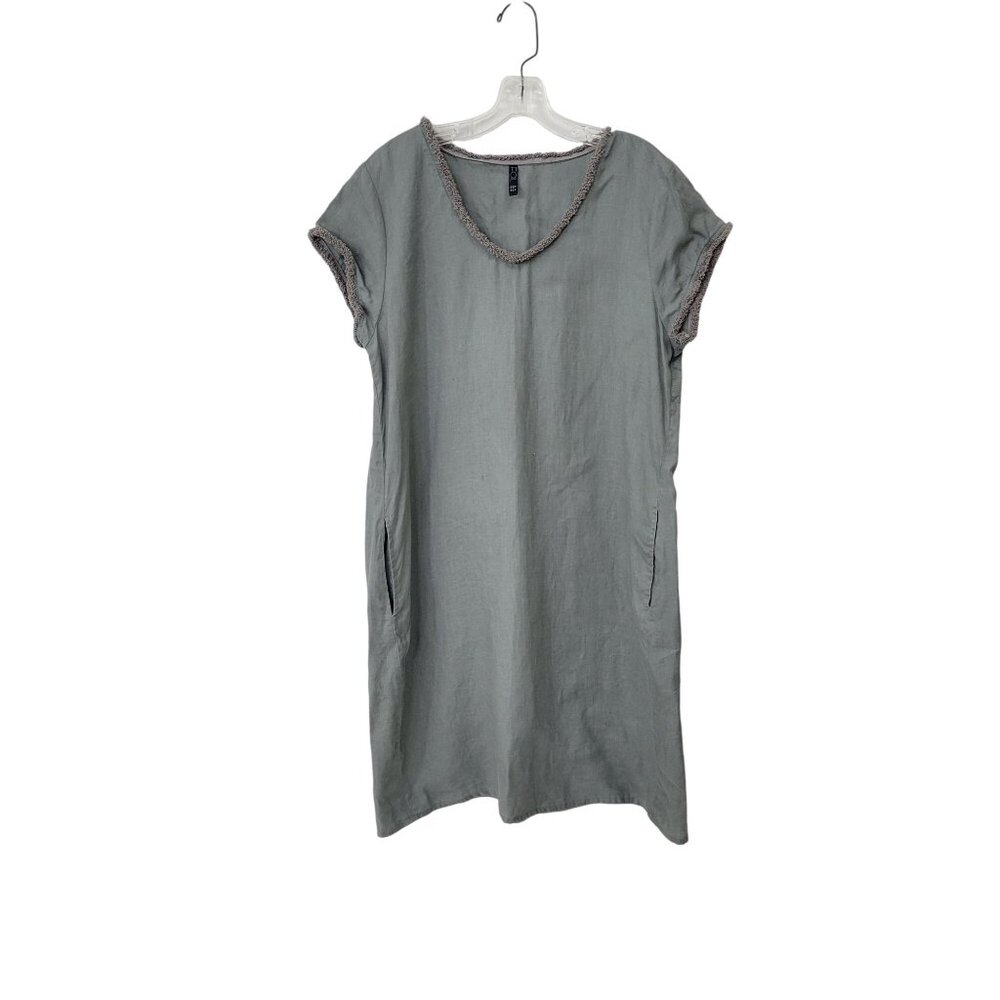 Foil 100% Linen Olive Green Knee Length Dress With Fringe Trim Women's Size 10 - Picture 1 of 6